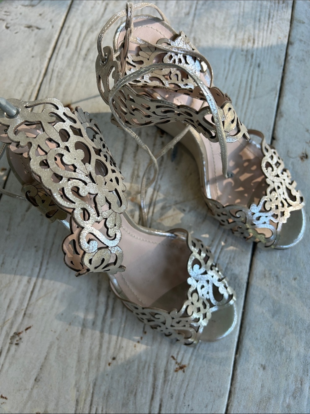 Silver Laser-Cut Lace-Up Women's Heels